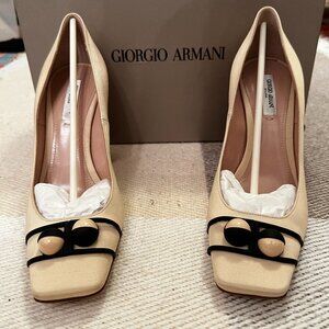 Giorgio Armani Light Beige Cream Canvas Leather High Heels Womens Shoes